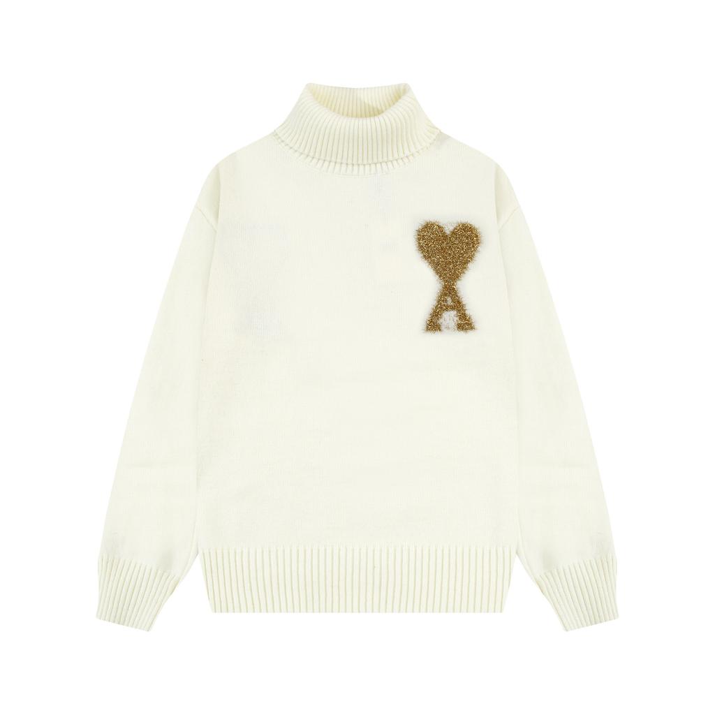 AMI Autumn and Winter New Gold and Silver Large Heart Alpaca Wool Blended Soft and Sticky Knitted Couple's High Neck Sweater