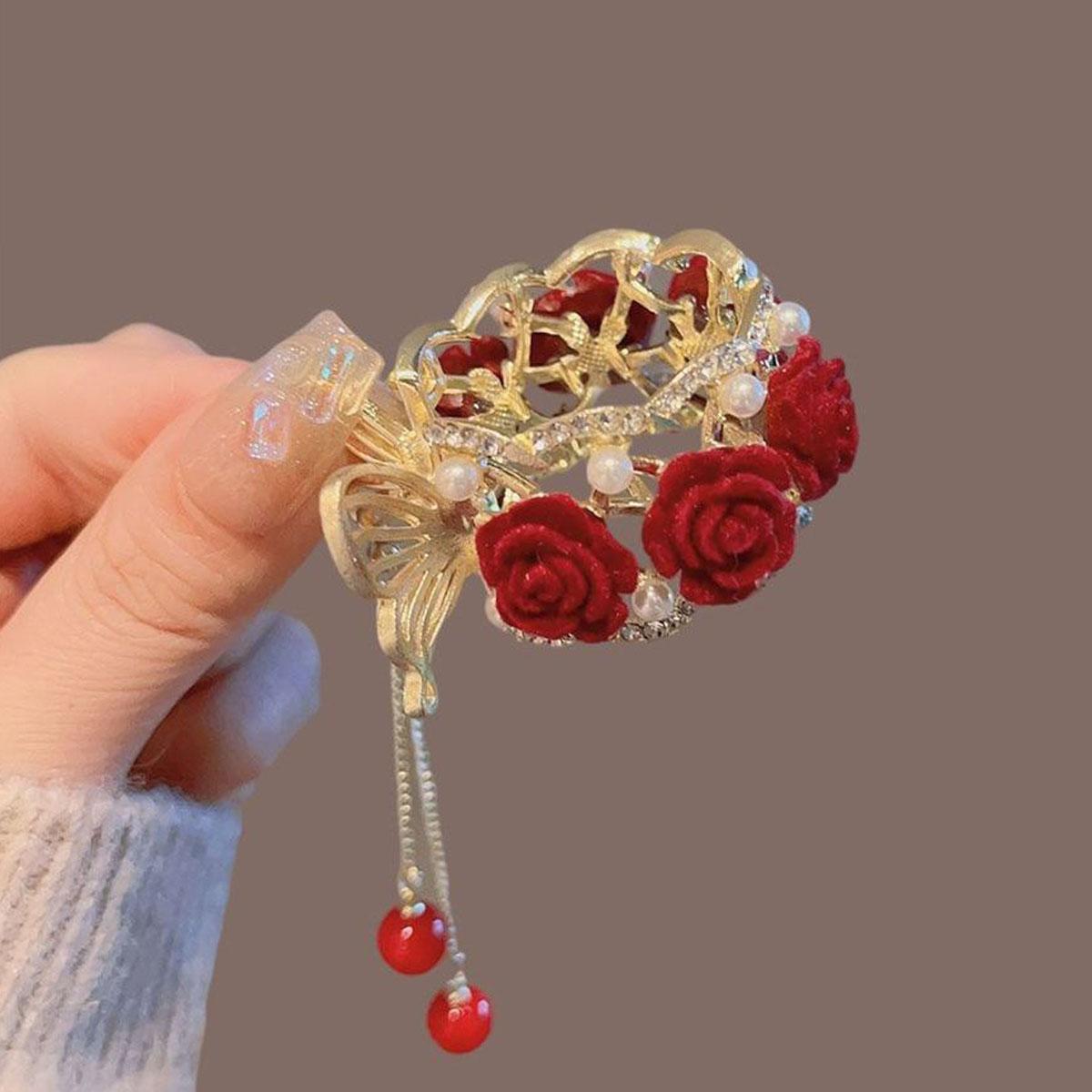 

1 Pcs Fashion Red Ball Tassel Crystal Rose Flower Hair Clips For Women Girls Party Hair Accessories