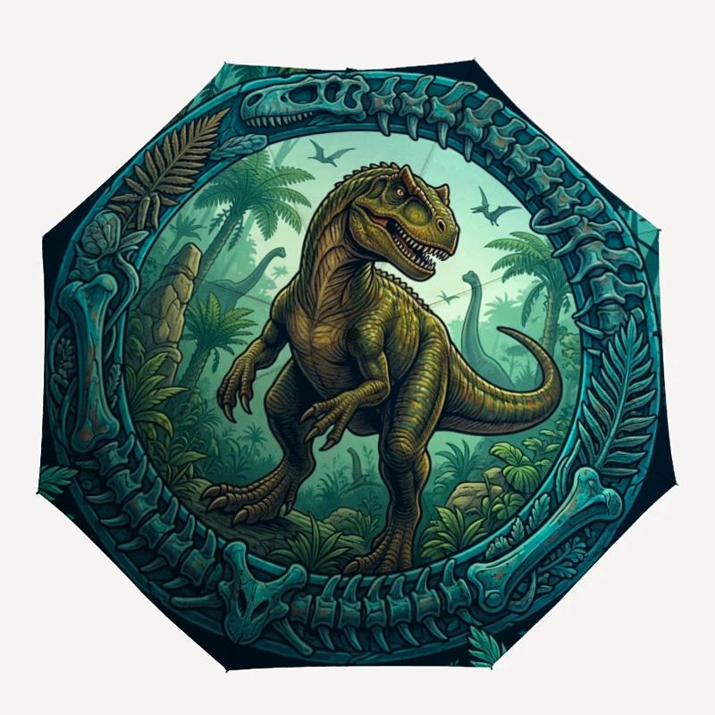 Prähistorisches Dinosaurier-Dschungel-Muster Regenschirm, tragbares und faltbares Design, 8 Speichen, ein lässiges Accessoire für Halloween, Weihnachten und Geburtstagsgeschenke.
