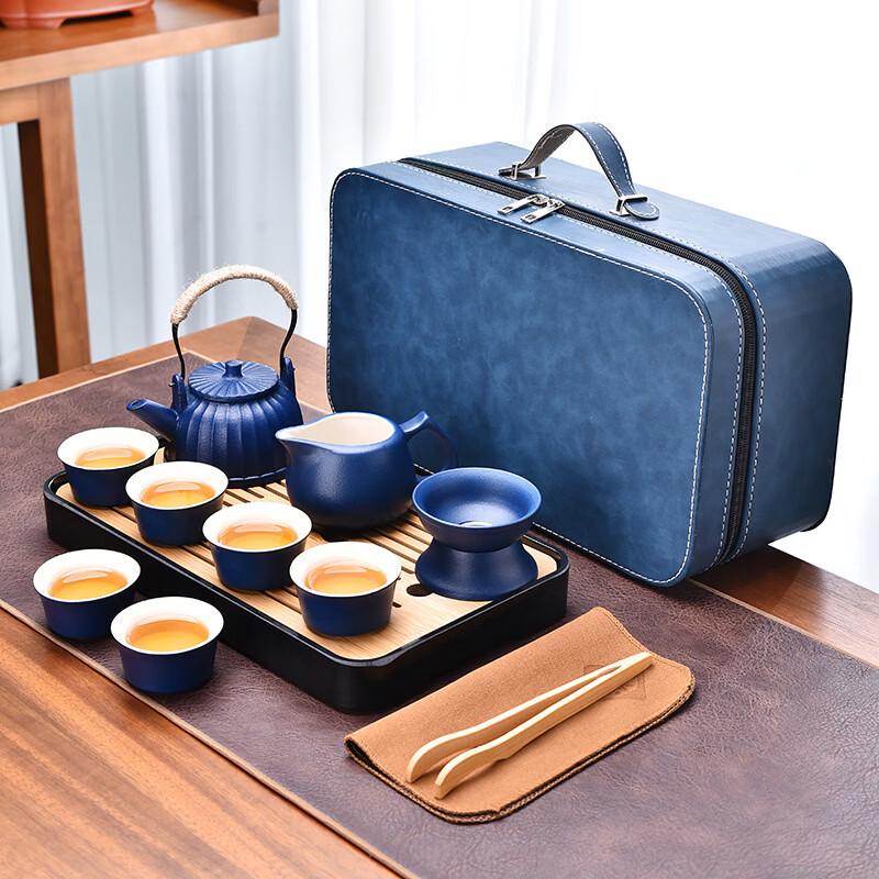 Black Pottery Travel Tea Set with Bamboo Tray & Blue Gift Box