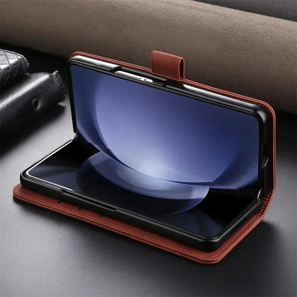 Fashion Business Sle Bla Flip Skin Feel Leather Phone Case for Samsung Galaxy Z Fold 7 6 5 4 3 Bracket Wallet Shockproof Cover