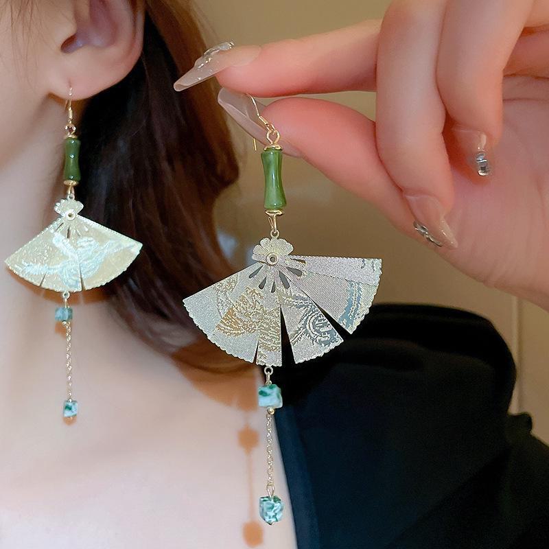 "Silver Needle Bamboo Fan Earrings: Butterfly Drop, Retro Fashion for Women"