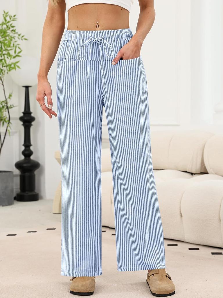 Women's High Rise Wide Leg Pants Loose Fit Trousers Plaid Drawstring Woven Spring Casual Long Pants For Daily Street Outfit