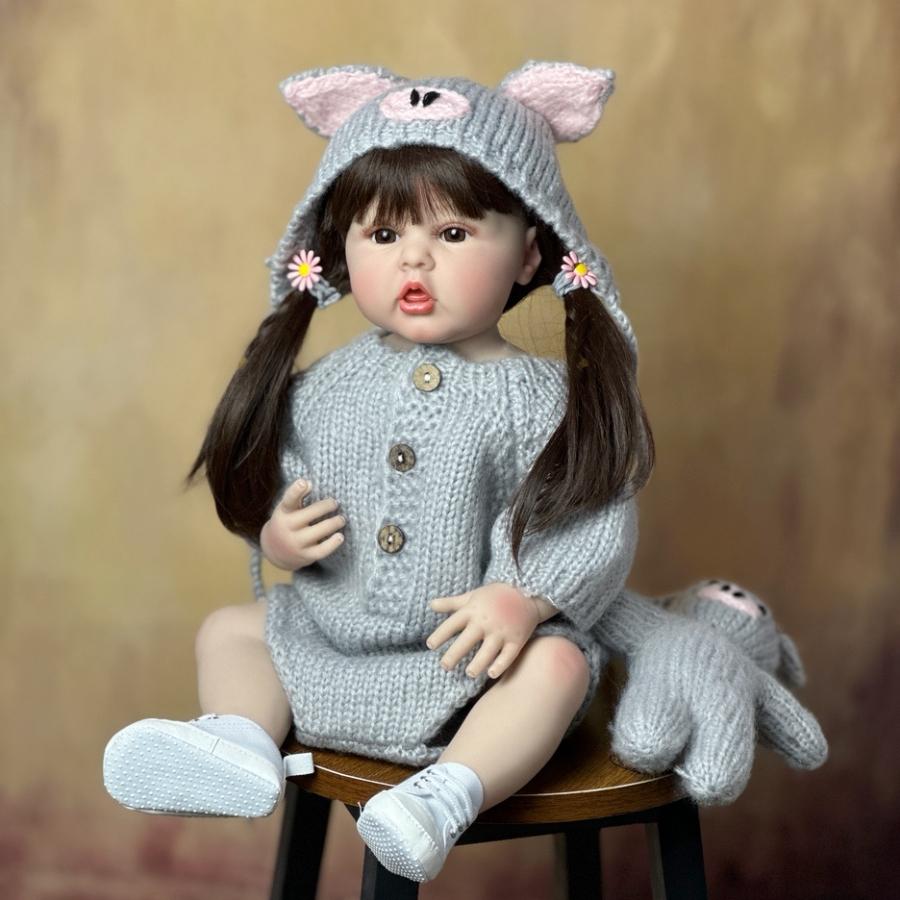 BZDOLL 55 CM Reborn Full Vinyl Body Baby Girl  Lifelike Realistic 22 Inch Doll Long Brown Hair Princess Toddler Bebe Birthday Gift