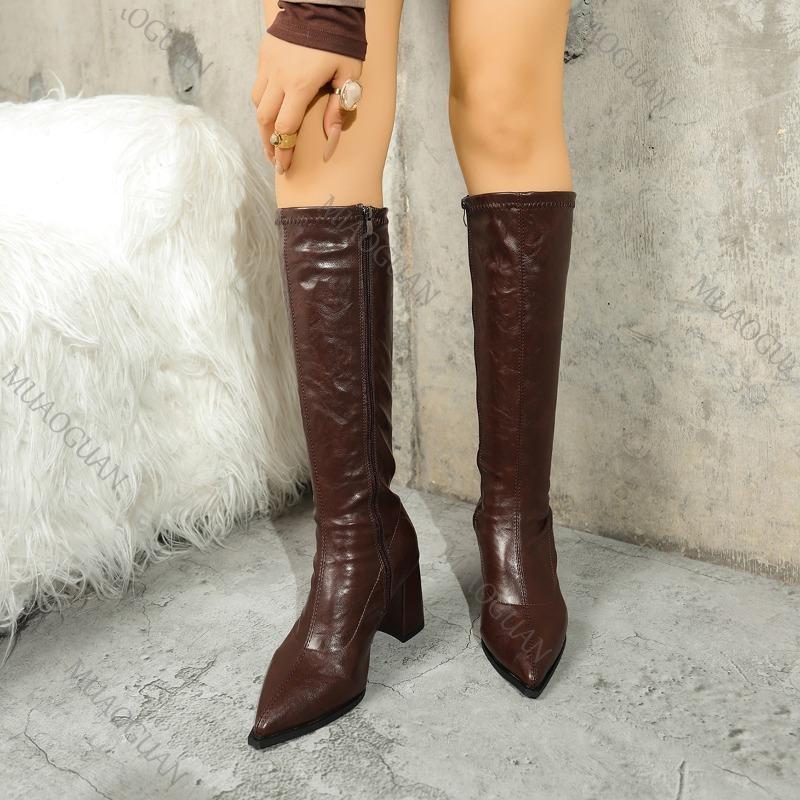 Autumn Winter Woman Knee High Boots Fashion Pointed Toe Long Boots Shoes Ladies Elegant Square High Heels Women's Knight Botas