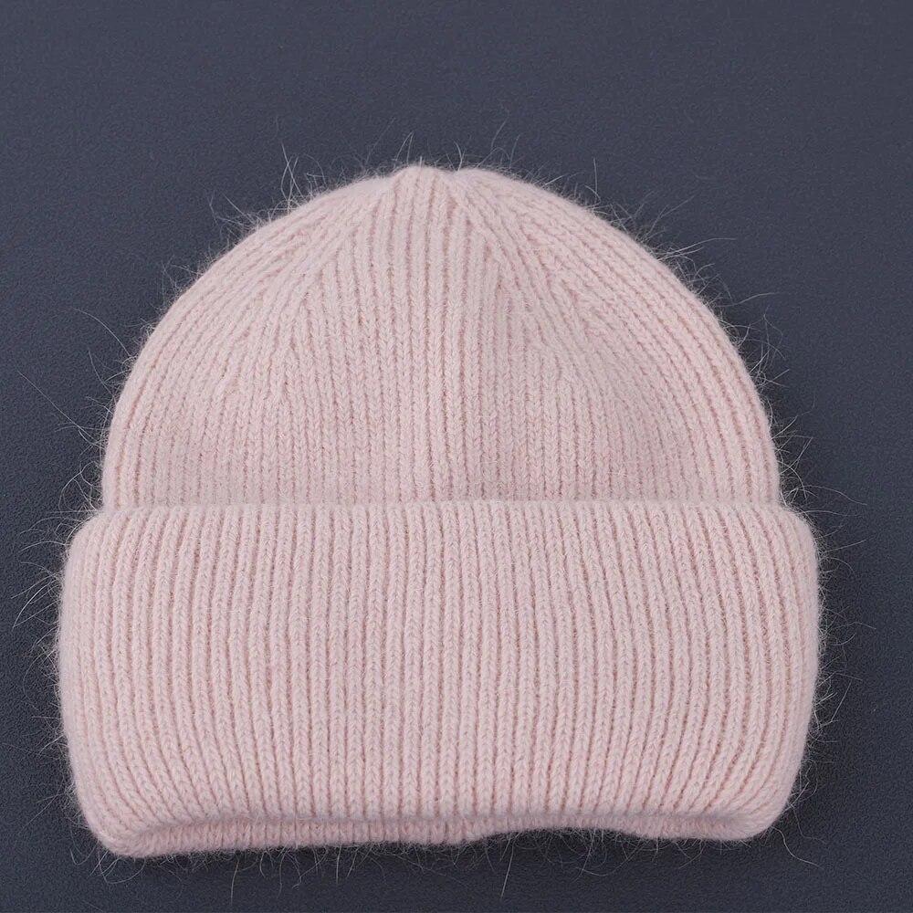 Winter Real Rabbit Fur Knitted Beanies For Women Fashion Solid Warm Cashmere Wool Skullies Beanies Female Fold Thick Hats