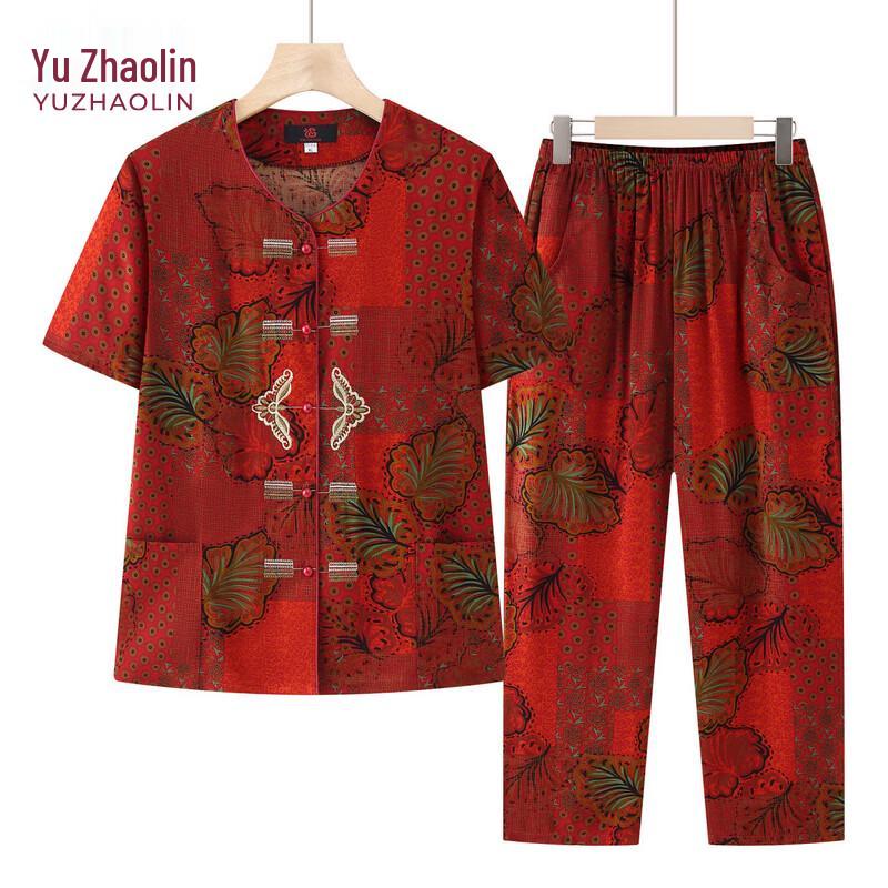 YUZHAOLIN Elderly Women s Floral Print Summer Two-Piece Set XL