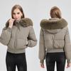 Warme Damen-Pufferjacke mit großem Pelzkragen Kurze Verdickte Kapuzen-Daunenjacke