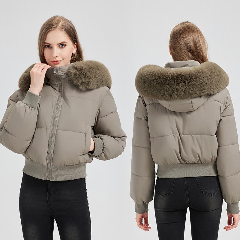 Palton de iarnă elegant pentru femei, stil european/american, design cu talie înaltă, cald și la modă, cu guler mare din blană artificială.