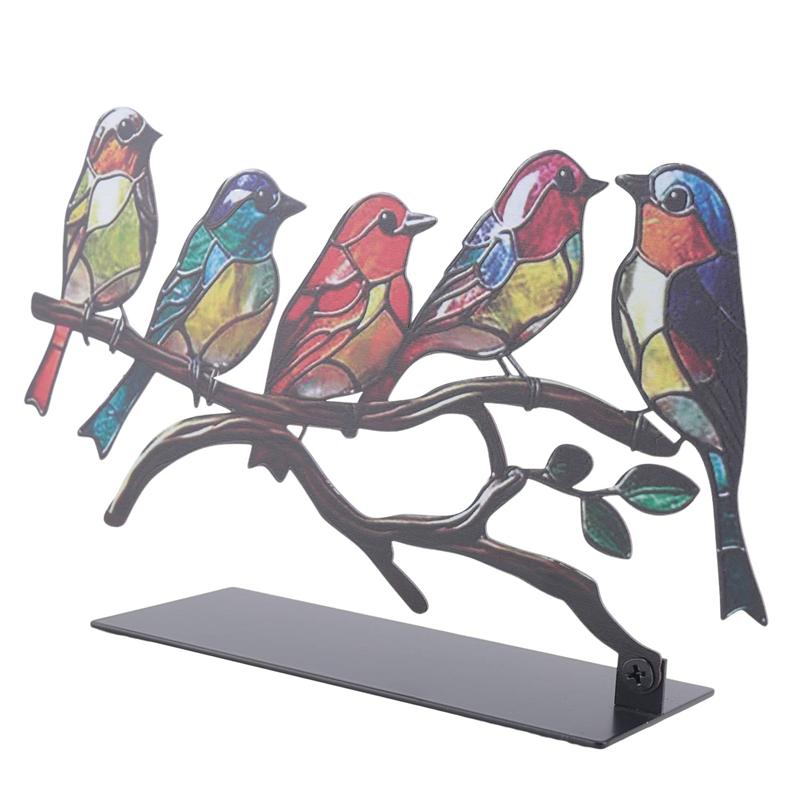 AEE2-Bunte Vögel auf Ast Schreibtischornamente, Mehrfarbiges Vogel-Buntglas-Metall-Schreibtischornament, Buntglas-Eisen-Ornament 28 X 8 X 15Cm