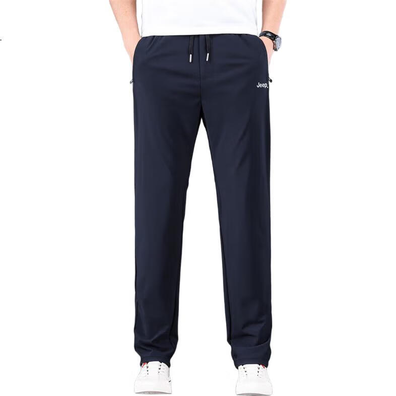JEEP Ice Silk Pants for Men, Summer Lightweight Breathable Quick-Dry Casual Sports Trousers, Straight-Leg Long Pants for Men, Navy Blue, XL