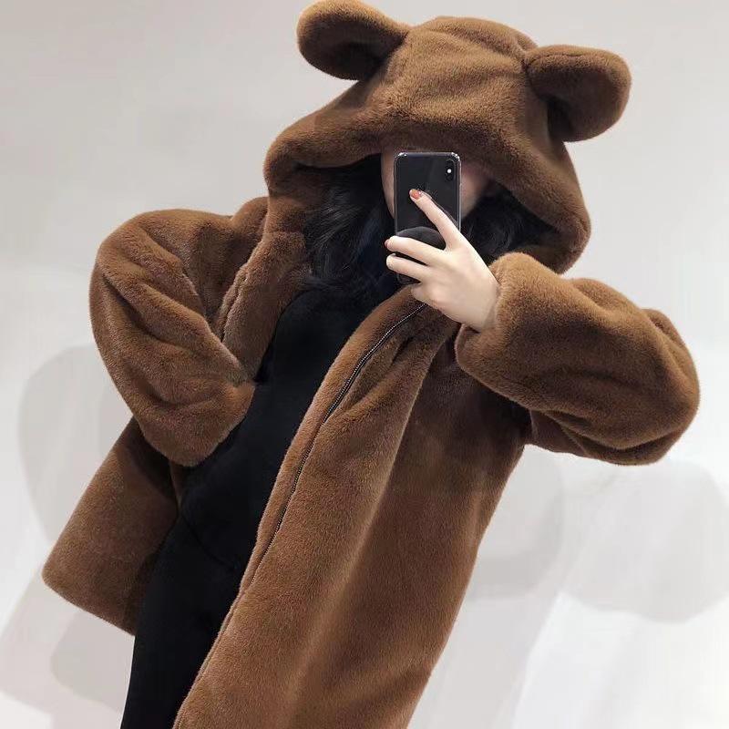 2025 Winter Women s Cute Bear Ears Hooded Plush Faux Fur Coat M грязно-белый