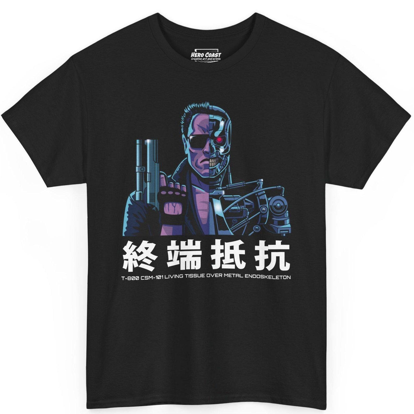 T-shirt - Sci-Fi Terminator T-800 Endoskeleton present and future war. Kanji style. M