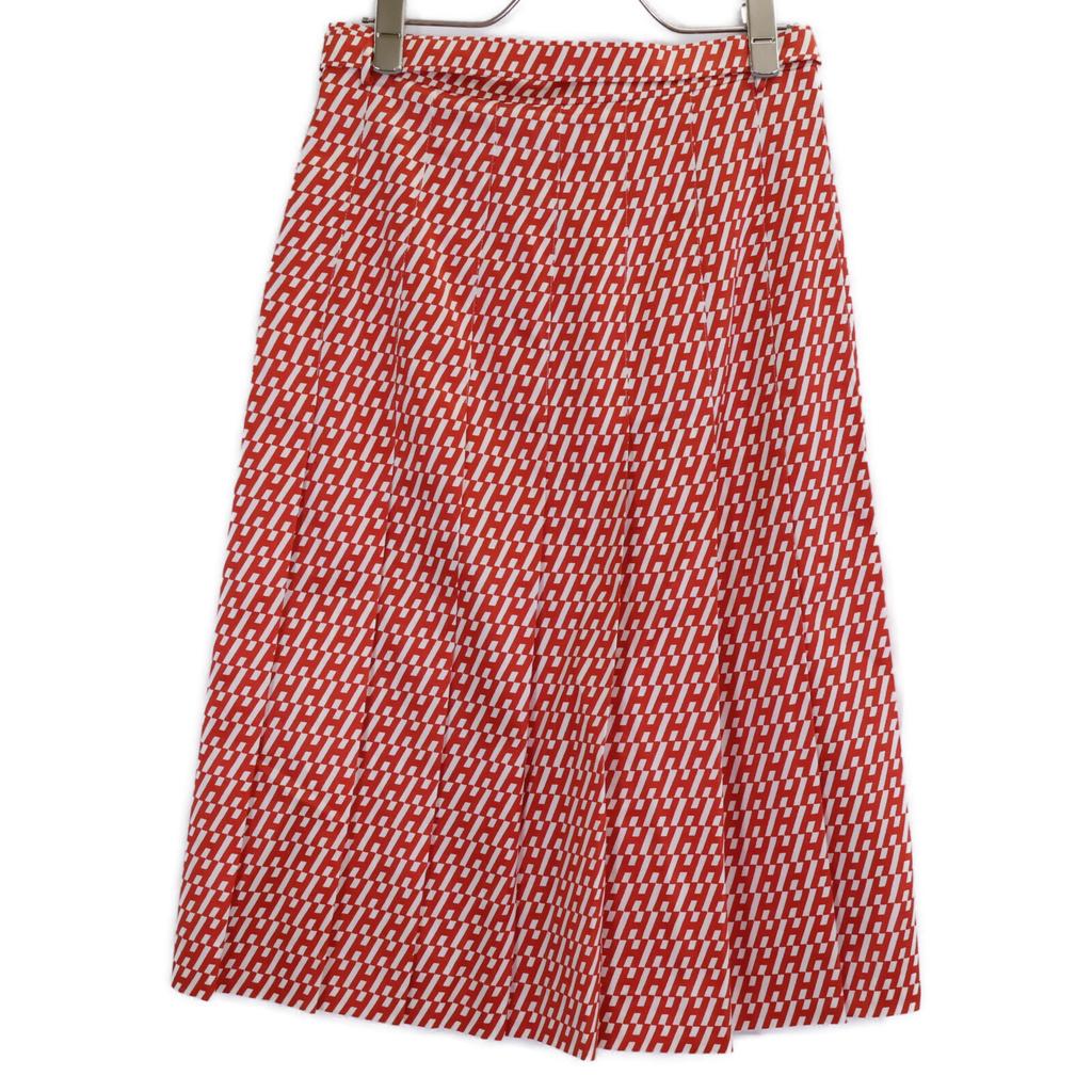 HERMES Authentic domestic product: RE EDITION1973 5H0399DQ Wool Silk H-pattern Belted Tuck Flare skirt 36 Red x whiteUsed