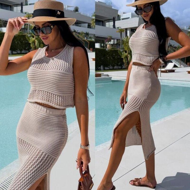 European and American Beach Knitted Split Skirt Holiday Style Vest Skirt High Slit Suit Skirt