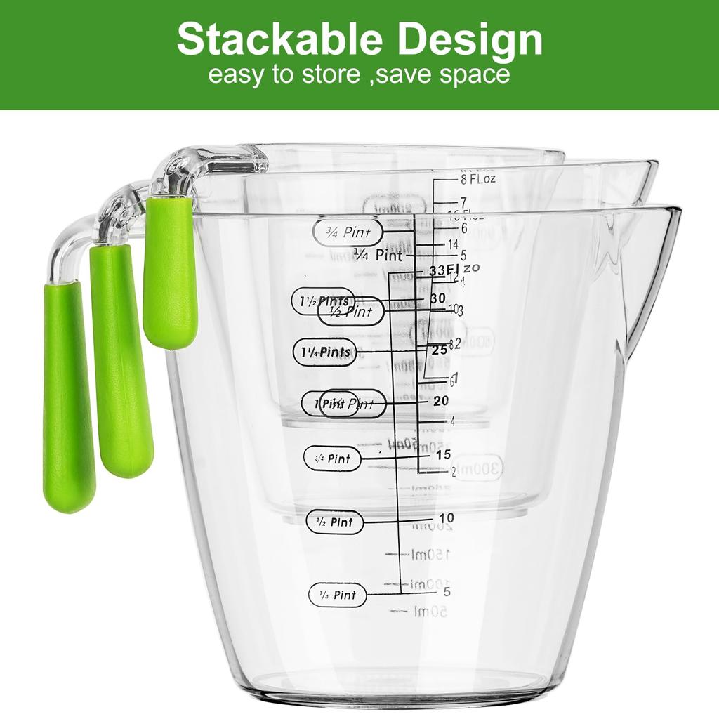 FAIS DU 3 PCS Plastic Measuring Cups Set, Stackable Clear Measuring Cup with Spout and Angled Grip Handle Kitchen Cooking Tools