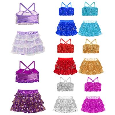 Girls Jazz Dance Costume Glittery Sequins Tiered Ruffles Cross Back Metallic Crop Top with Culottes Performance Set