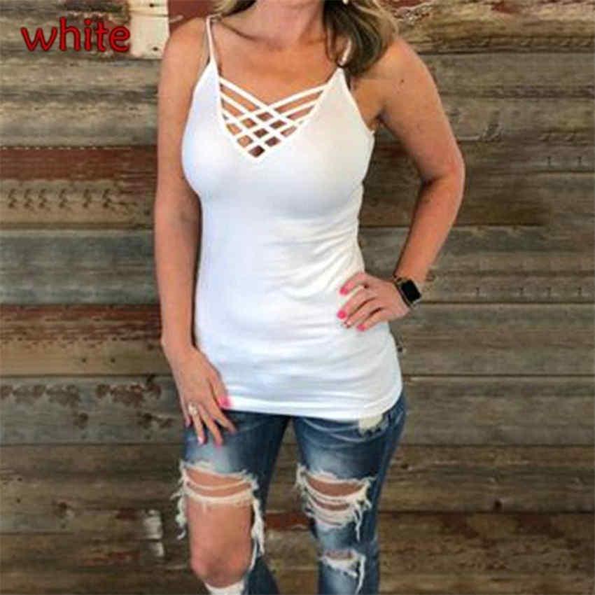 Solid Color Summer Sexy Women Top Cross Hollow V Neck Casual Vest Slim Sleeveless Camisole