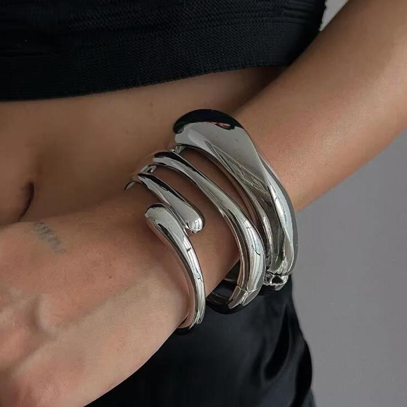 3 Styles Punk Vintage Wide Cuff Bangles Hip Hop Gold Silver Geometric Metal Spring Chunky Bangle Women Bracelets Jewelry