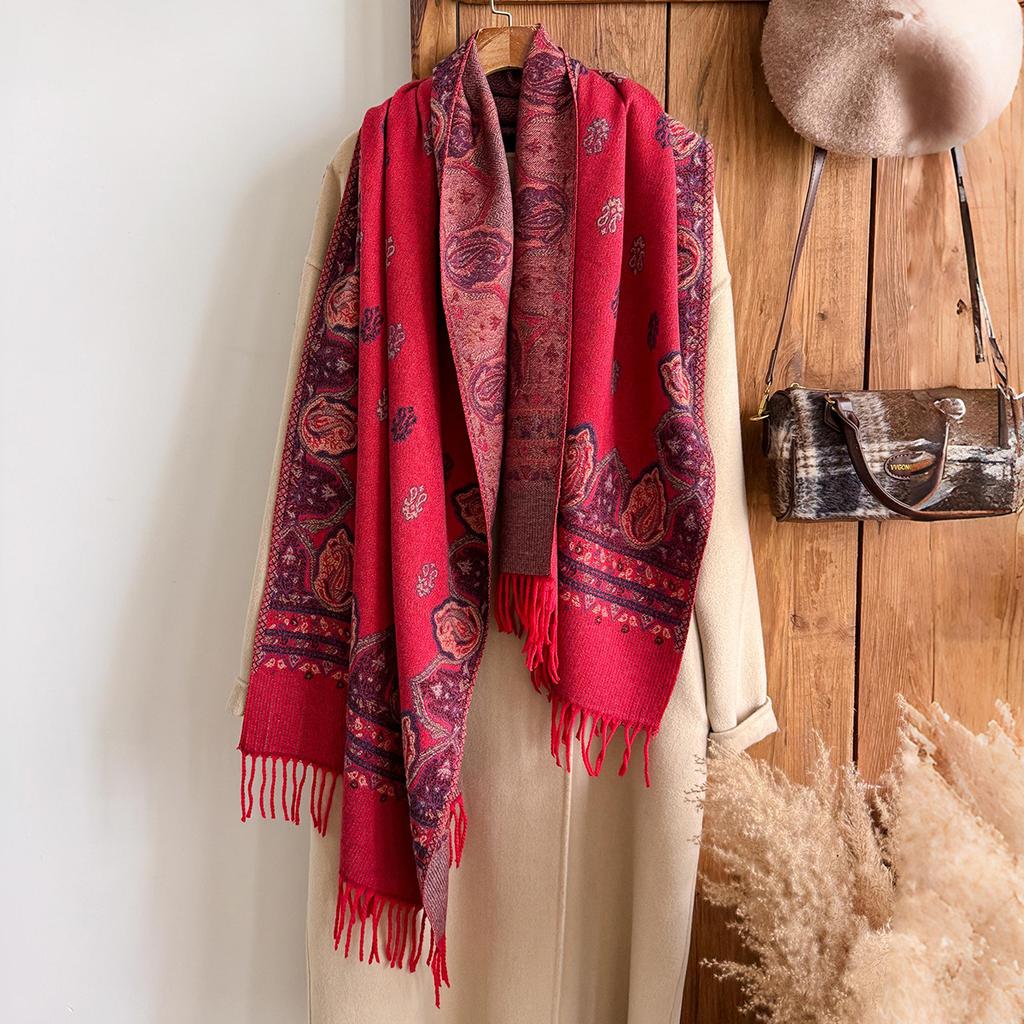 Fashion Women'S Winter Warm Cashmere Shawl - Vintage Floral Oil Painting Printed Tasseled Pashmina Thick Wrap