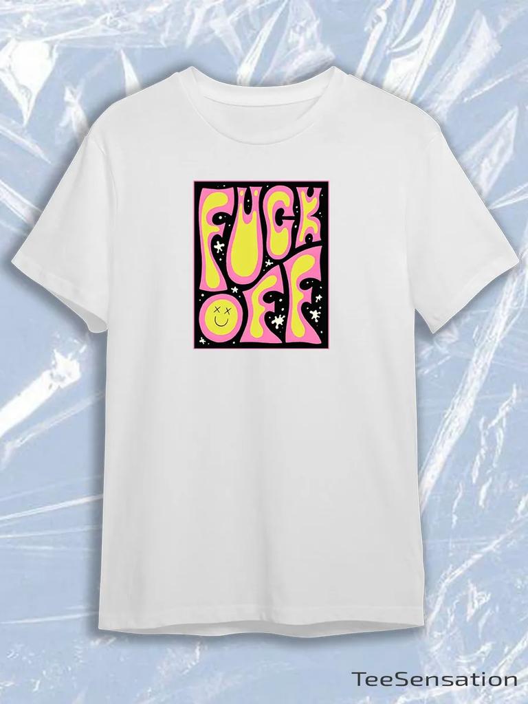 TeeSensation White Crew Neck Short Sleeve T-Shirt with Pink Yellow Psychedelic FUCK OFF Smiley Print