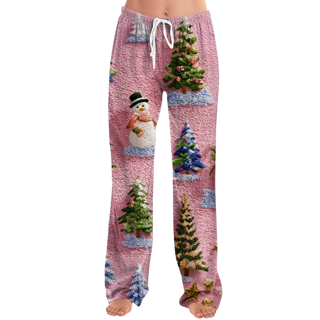 Ladies' Loose And Casual Christmas Printed Wide Leg Pants With Elastic Waistband Drawstring And Pocket Pants