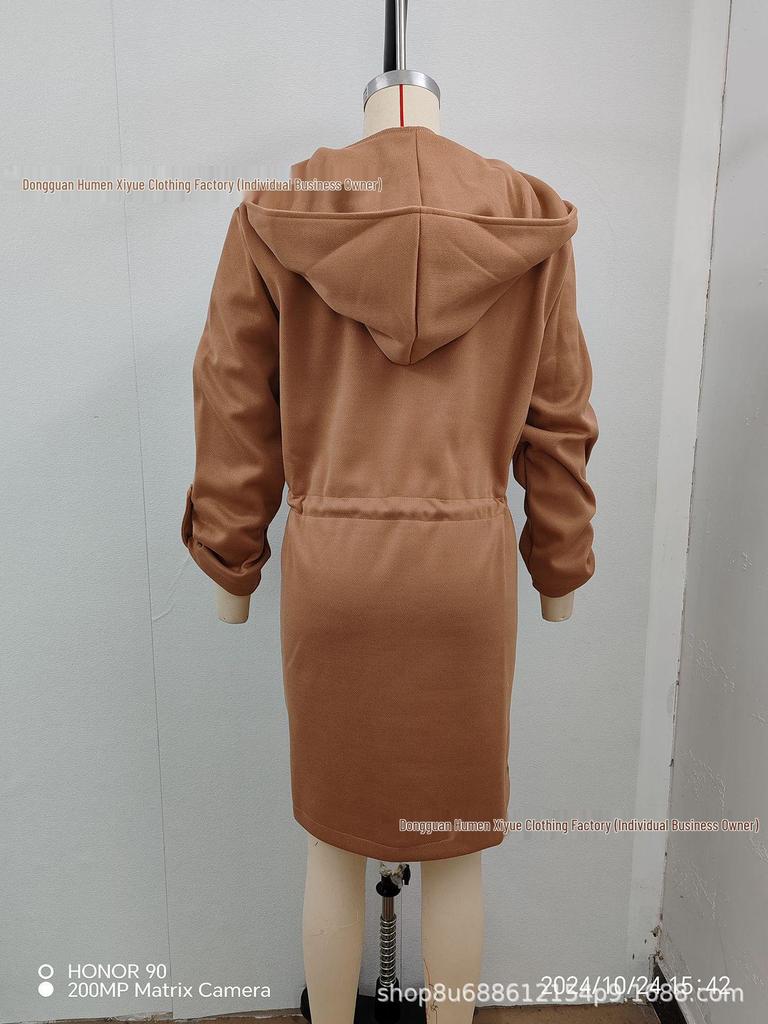 2024 European & American Women's Lace-up Hooded Lapel Long-Sleeved Casual Autumn/Winter Outerwear