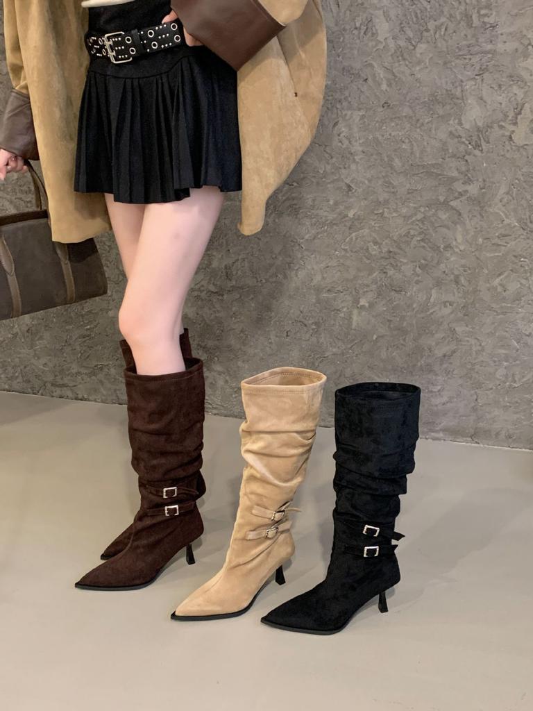 High-heeled boots women's 2025 autumn and winter new pointed-toed high-heeled European and American belt buckle high-heeled knight stacked boots