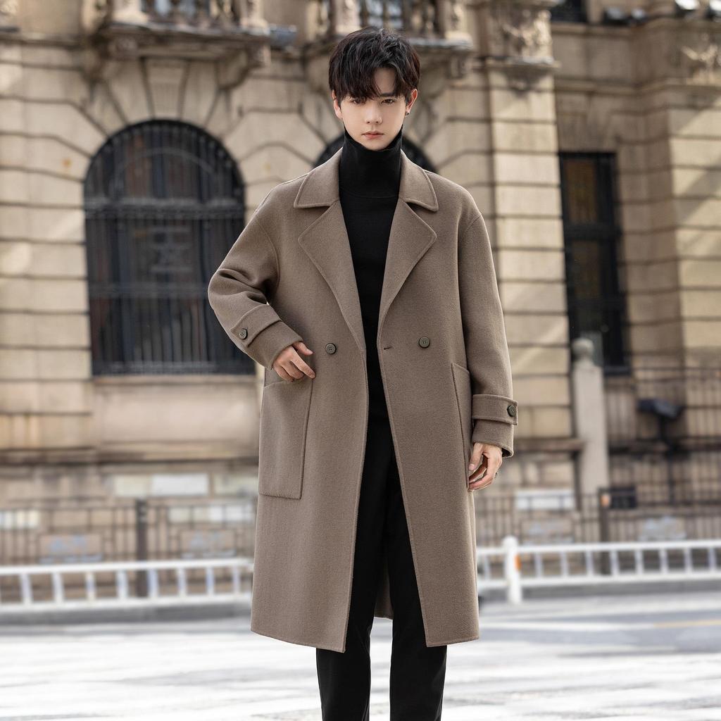 Men's Double-Sided Wool Blend Mid-Length Coat: Thickened Korean-Style Windbreaker for Autumn and Winter.