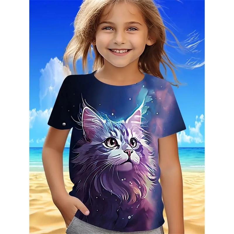 Vtipná dívčí trička Letní top s krátkým rukávem Kreslená zvířata Kočka 3D potisk Dívčí oblečení Ležérní trička