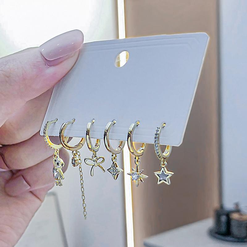 ANENJERY Boucles d'oreilles en Zircon étoile nœud papillon pour femmes, ensemble de 6 pièces, exquis, joli, cadeau pour fille