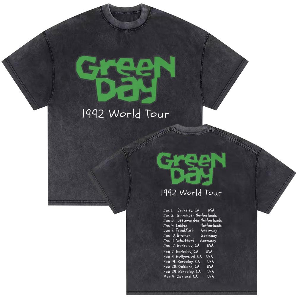 Washed Vintage Punk Band Green Day World Tour T Shirts Men Retro Gothic Rock Tshirt Male Cotton Casual Oversized Tshirts