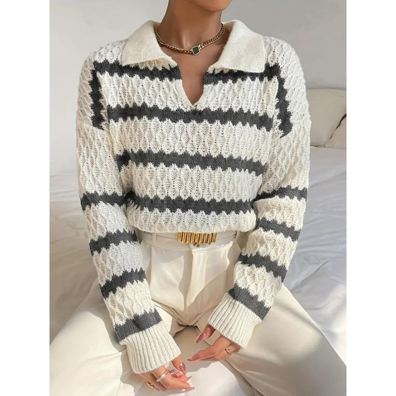 Women S Loose Striped Polo Neck Long Sleeve Knit Sweater