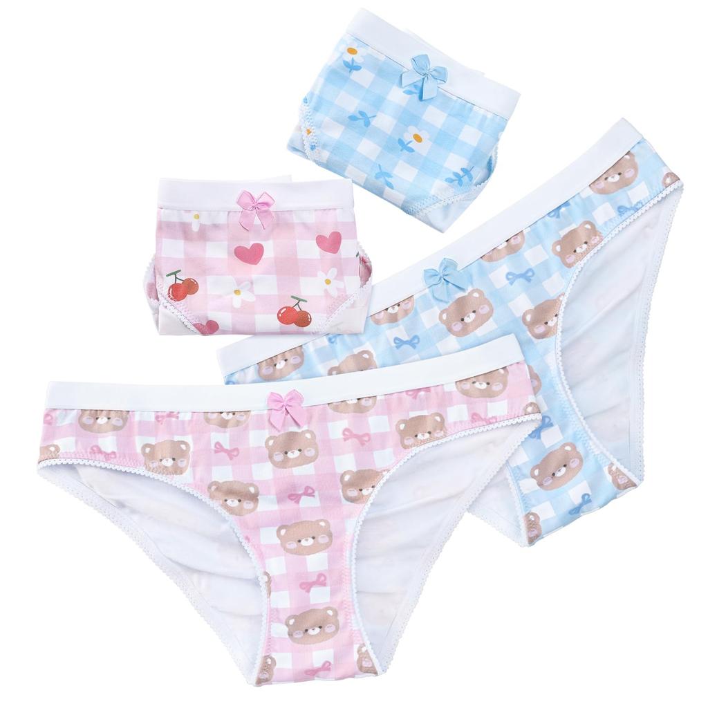 LittleForBig Women's Cotton Panties, Baby Bear, Bowknot, Blue and Pink, Set of 4, Size L