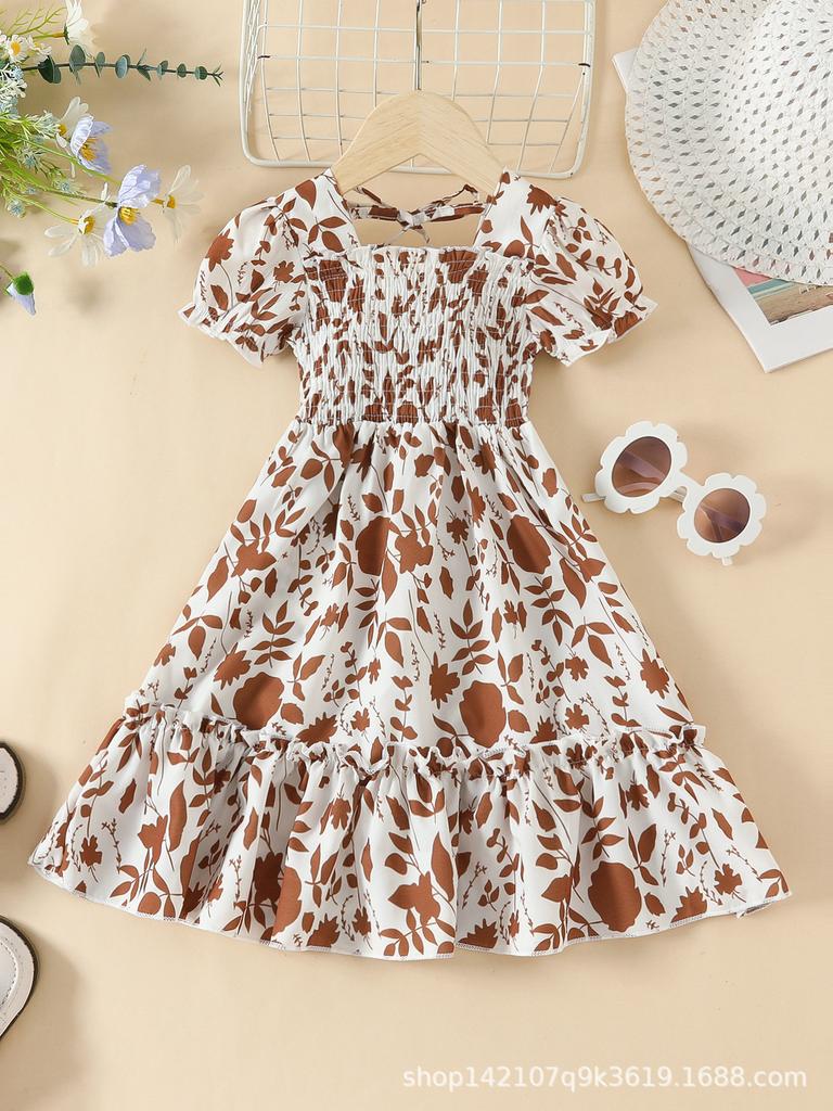 Girls Fashion Short Sleeve Dress Summer Children Sweet Fresh Floral Dress
