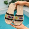Ciabatte Bohemian a Fondo Piatto Taglie Forti a Fascia Singola per Donna, Calzature da Spiaggia Stile Etnico, Ciabatte a Bocca di Pesce per Uso Esterno