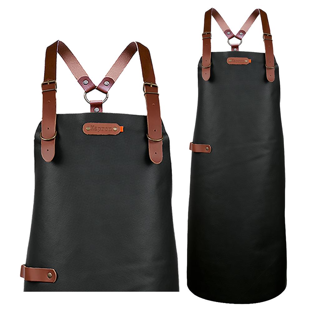 Waterproof PU Leather Hanging Neck Apron - Oil-Proof BBQ & Barista Style