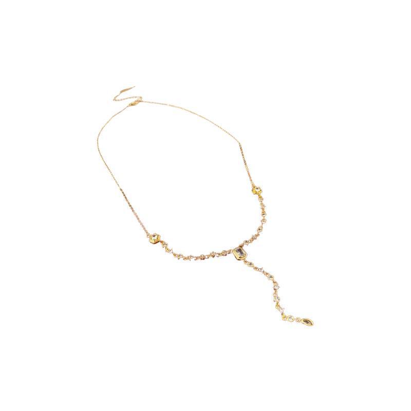 Gold Electroplated Oval Zircon Tassel Necklace - Korean Light Luxury, High-End Sweater Chain, European & American Style for Women