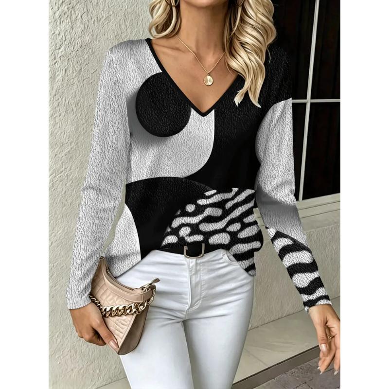 Fashion Women's V-Neck Long Sleeve 3D Animal Color Printing Casual Long Sleeve V-Neck T-Shirt