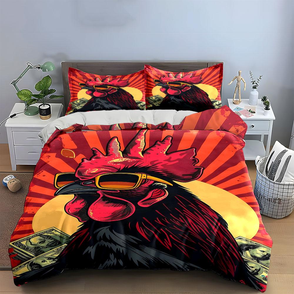 Stylish rooster, sunglasses, money. Bedding sets Duvet cover sets Duvet covers Pillowcases(1 * Duvet Cover 2 * Pillowcases without duvet insert)