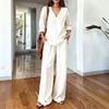 Women'S 2 Piece Linen Outfits V Neck Long Sleeve Pullovers Shirt Top And Wide Leg Pants Set Casual Loungewear Vacation Tracksuit