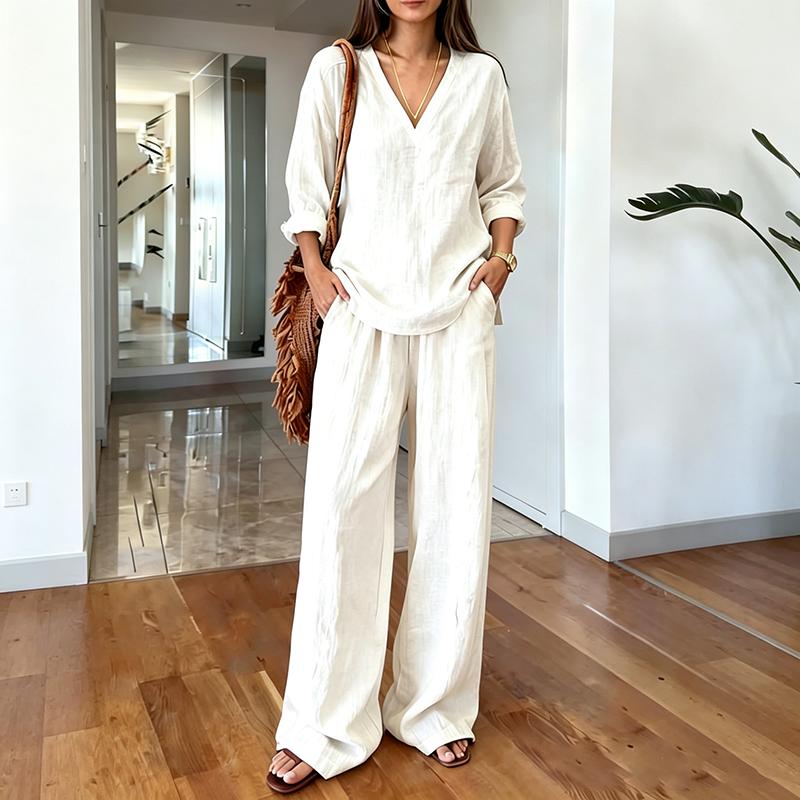 Women'S 2 Piece Linen Outfits V Neck Long Sleeve Pullovers Shirt Top And Wide Leg Pants Set Casual Loungewear Vacation Tracksuit