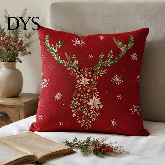 Cozy Red Holiday Accent Pillows Christmas Throw Pillow Covers, Poinsettia Reindeer Pine Branch Decorative for Bay Window Cushion Cases, Xmas