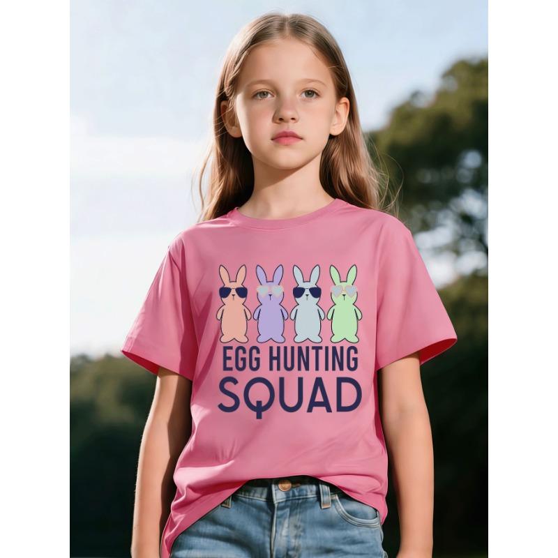 European Size Childrens Crew Neck Short Sleeved T Shirt with Bunny and Egg Hunt Team Pattern