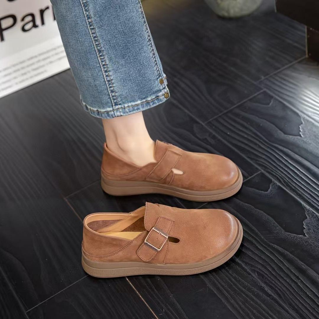 

Genuine leather women s first layer cowhide spring thick-soled belt buckle soft-soled toast single shoes retro 35 коричневый