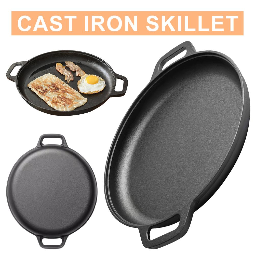 Cast Iron Skillet Pan with Dual Handles Non-Stick BBQ Camping Fry Pan Steak Pork Chicken Cooking Pot Outdoor BBQ Grill