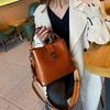 Korean Style Genuine Leather Double Strap Crossbody Bucket Bag