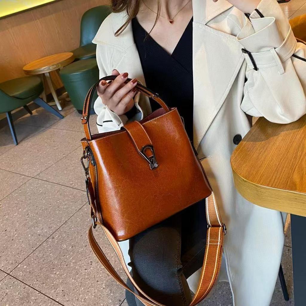 Korean Style Genuine Leather Double Strap Crossbody Bucket Bag