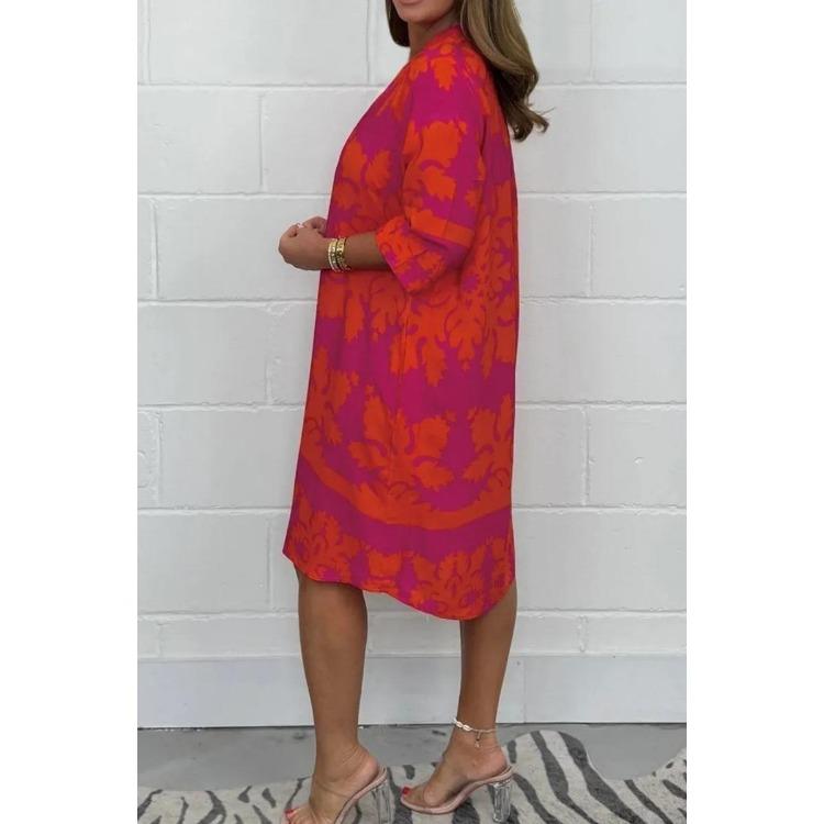Women Floral Print Dress V Neck 3 4 Sleeve Midi Fall New Casual European American Style