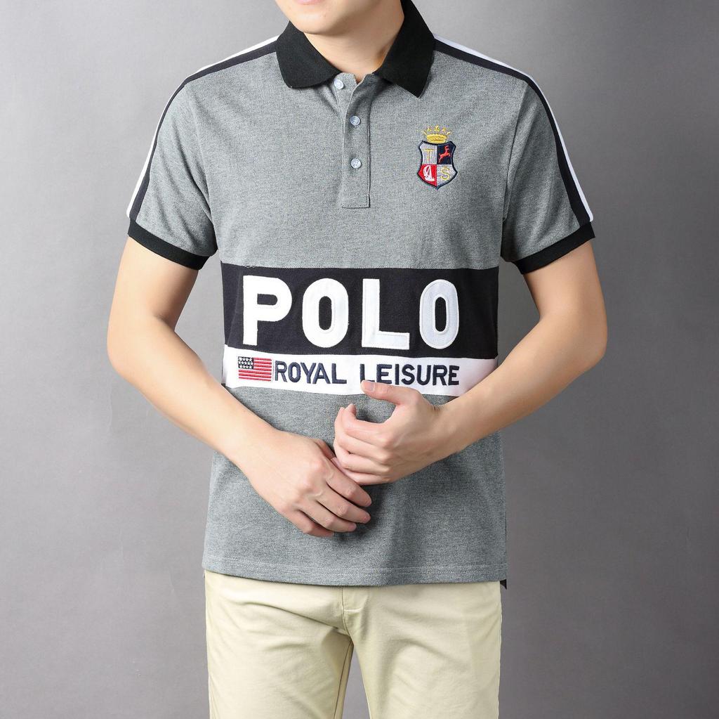 Men's Retro Letter Embroidered Cotton Polo Shirt - Color Block, Short Sleeve, European Size, Casual Sports Fashion